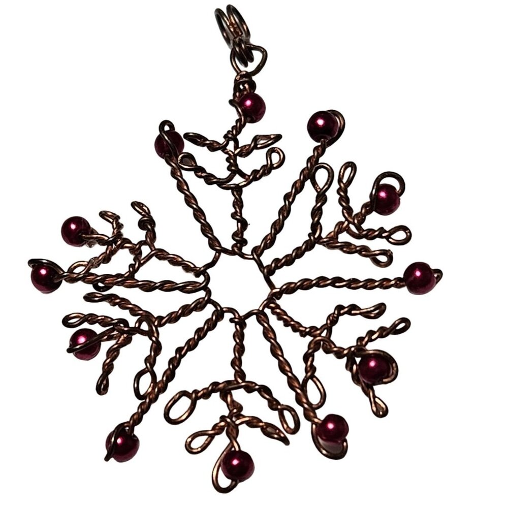 Handcrafted Copper Wire Snowflake Pendant Red Beads Christmas Holiday Jewelry
